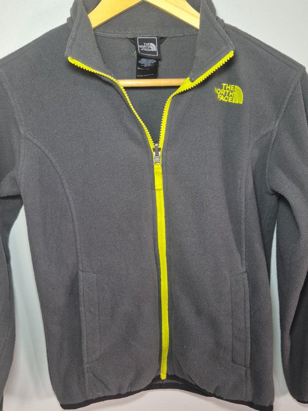 The North Face Grey Fleece Jacket Youth size Med(10/12) Neon Yellow Zip Full Zip